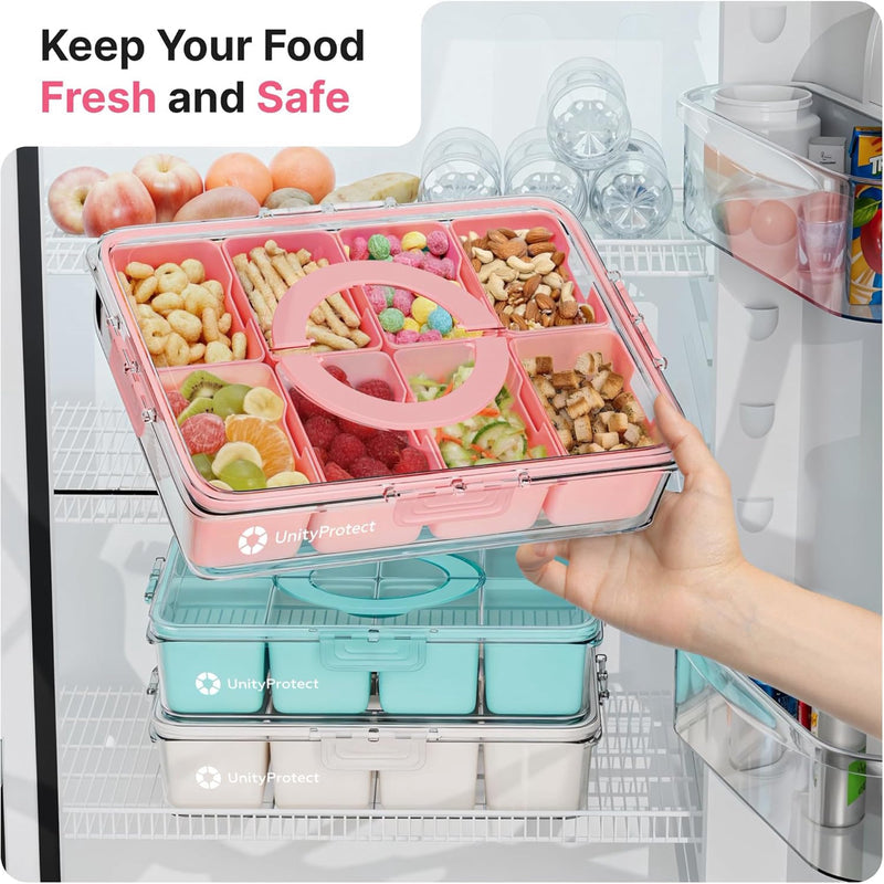 Divided Serving Tray with Lid & Snack Box Containers - Charcuterie Boxes with Clear Lids - Snackle Box Container for Fruit, Nuts, Cookies with Portable Utensils Set with Case (Pink)