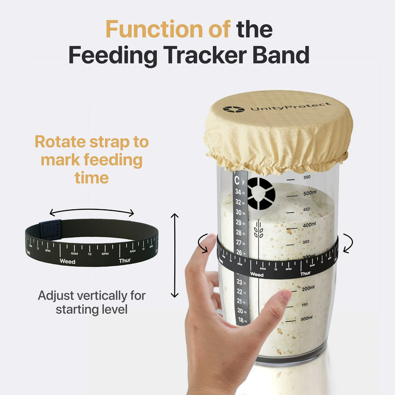 Premium Sourdough Starter Kit - 24 oz Bread Sourdough Jar with Marked Feeding Band, Thermometer, Cloth Cover & Aluminum Lid - Sourdough Bread Baking Supplies
