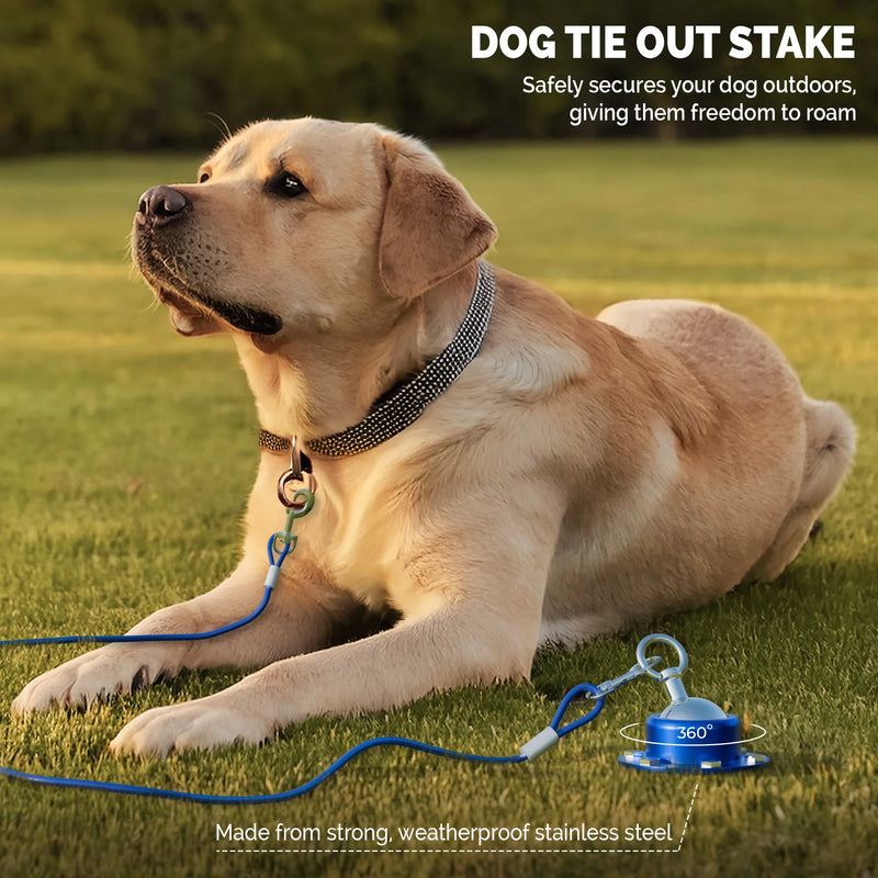 Heavy Duty Dog Stake – 30ft Tangle-Free Leash with Stainless Steel Clips – Dog Tether for Yard with 360° Rotating Ring (Dog Tie Out Stake - No Cable, 3, Pounds)