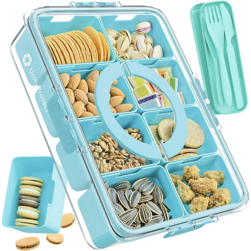 Divided Serving Tray with Lid & Snack Box Containers - Charcuterie Boxes with Clear Lids - Snackle Box Container for Fruit, Nuts, Cookies with Portable Utensils Set with Case (Turquoise)
