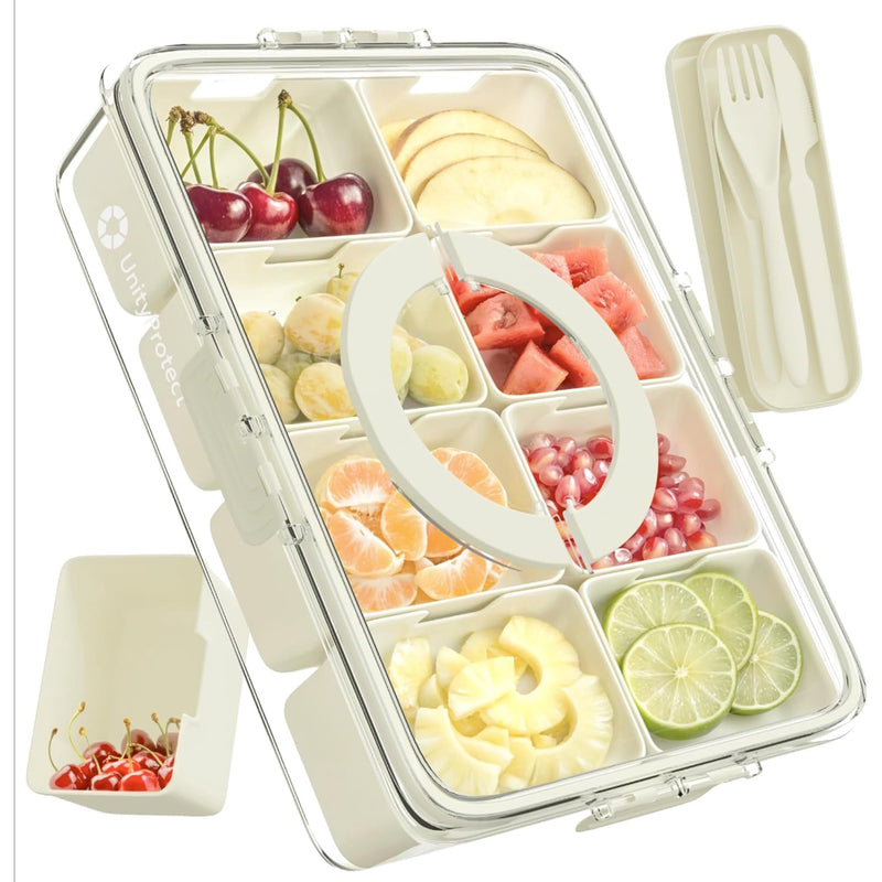 Divided Serving Tray with Lid & Snack Box Containers - Charcuterie Boxes with Clear Lids - Snackle Box Container for Fruit, Nuts, Cookies with Portable Utensils Set with Case - White