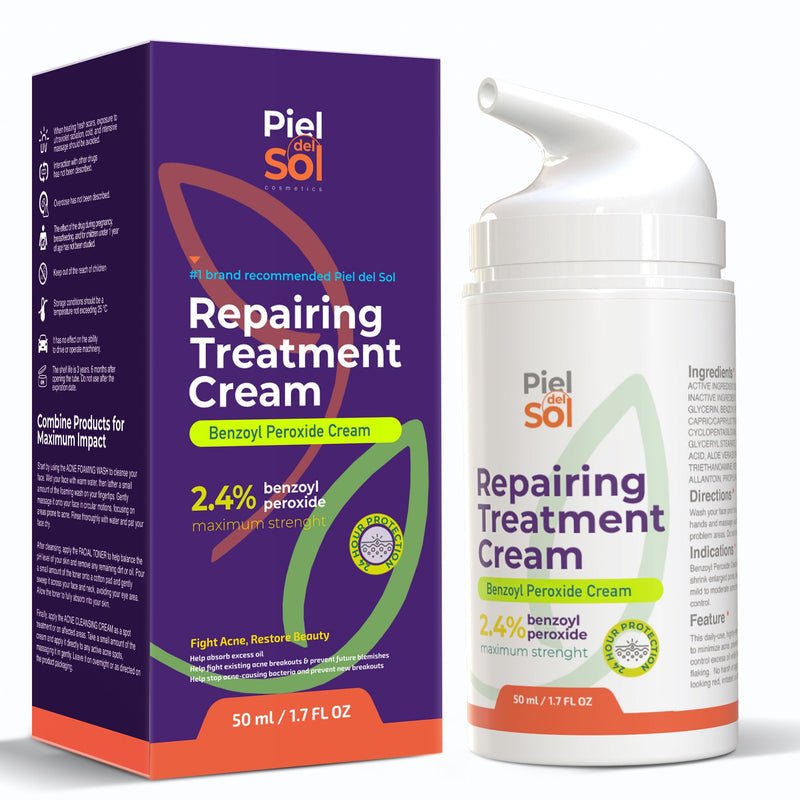 Piel del Sol cosmetics Acne Cleansing Cream & Repairing Treatment - Face & Body Skincare with Benzoyl Peroxide, Sweet Almond Oil, Tea Tree Oil, Aloe Vera Extract for Acne Spot Treatment, 50
