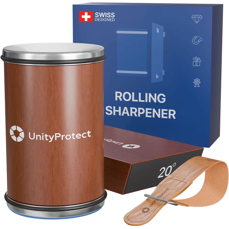 UnityProtect Knife Sharpener with Magnetic Holder, 15° & 20° Rolling Knife Sharpening Kit with Diamond & Ceramic Discs, Leather Strop, Kitchen Knife Sharpening Tool
