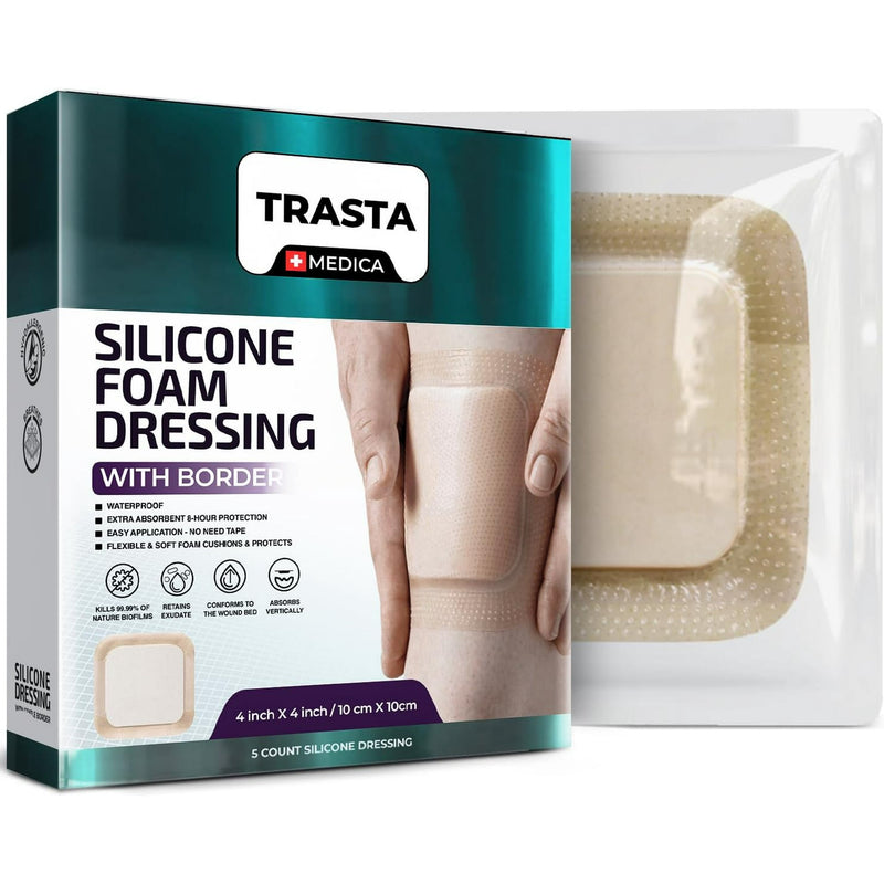 Sterile Silicone Foam Dressing - Waterproof Wound Dressing for Wound Care, Sore, Burn & Skin Tear - Supports Faster Recovery - Breathable Gauze, Self-Adhesive Bandages - 4x4", 5-Pack
