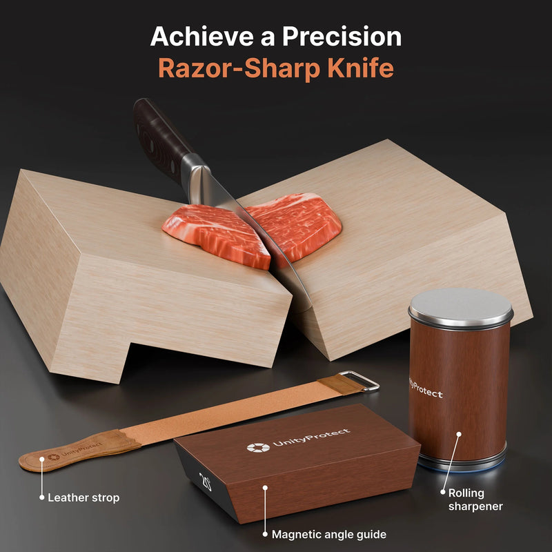 UnityProtect Knife Sharpener with Magnetic Holder, 15° & 20° Rolling Knife Sharpening Kit with Diamond & Ceramic Discs, Leather Strop, Kitchen Knife Sharpening Tool
