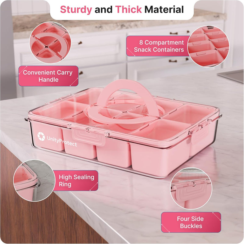 Divided Serving Tray with Lid & Snack Box Containers - Charcuterie Boxes with Clear Lids - Snackle Box Container for Fruit, Nuts, Cookies with Portable Utensils Set with Case (Pink)