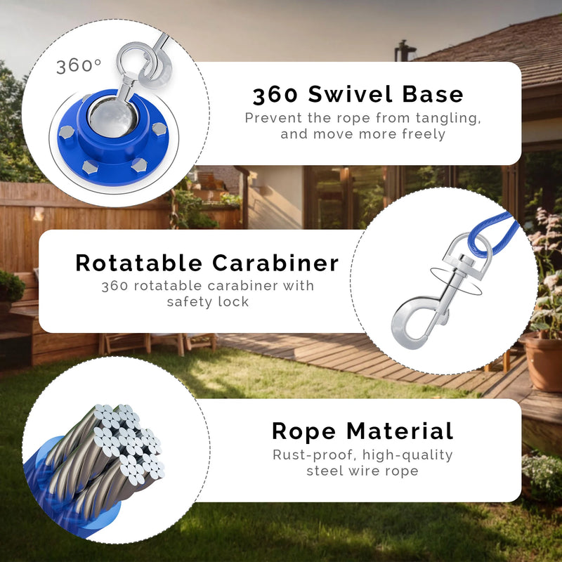 Heavy Duty Dog Tie Out Cable and Stake – 30ft Tangle-Free Leash with Stainless Steel Clips – Dog Tether for Yard with 360° Rotating Ring and Secure Ground Screws – Perfect for Yard and Camping