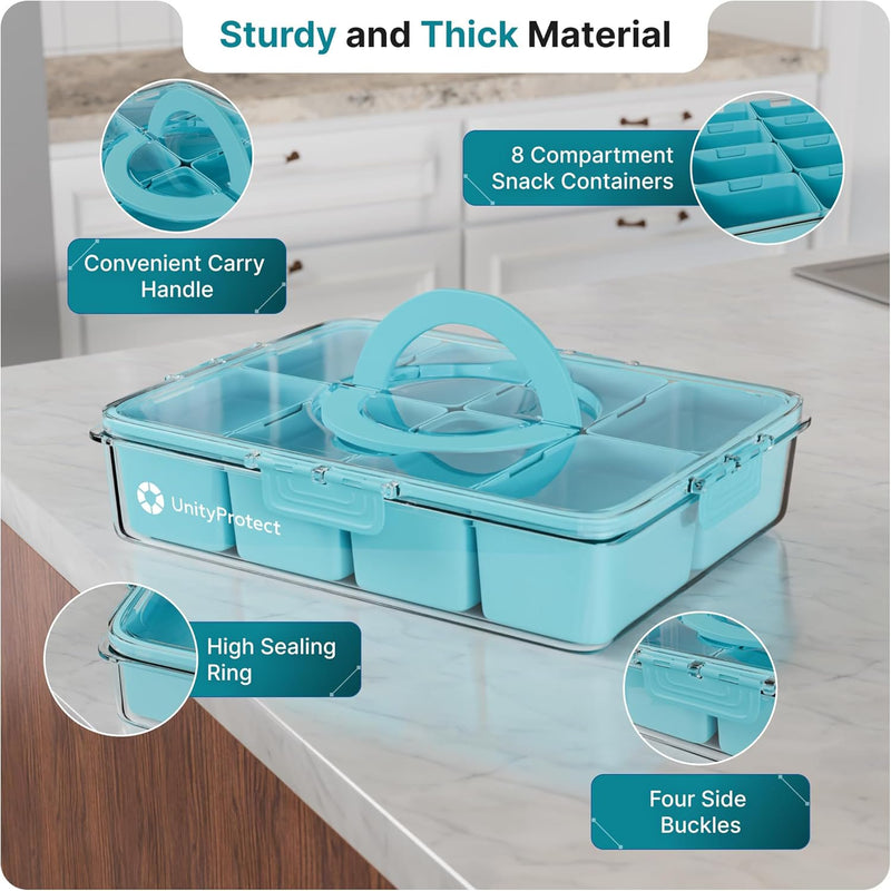 Divided Serving Tray with Lid & Snack Box Containers - Charcuterie Boxes with Clear Lids - Snackle Box Container for Fruit, Nuts, Cookies with Portable Utensils Set with Case (Turquoise)