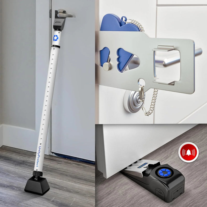 UnityProtect 3 Piece Stainless Steel Door Security Bar with Alarm and Portable Lock