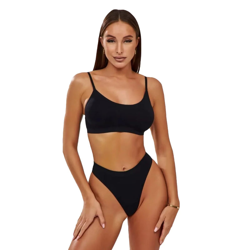 ANDELINA Seamless Matching Bra And Panty Set Skims Underwear Bralette & Thong Set (Black, XS/S)