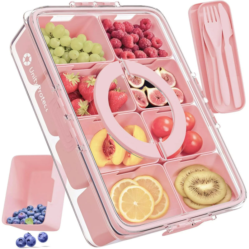 Divided Serving Tray with Lid & Snack Box Containers - Charcuterie Boxes with Clear Lids - Snackle Box Container for Fruit, Nuts, Cookies with Portable Utensils Set with Case (Pink)
