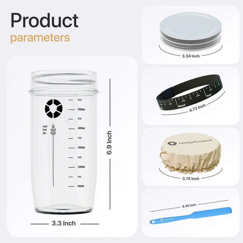 Premium Sourdough Starter Kit - 24 oz Bread Sourdough Jar with Marked Feeding Band, Thermometer, Cloth Cover & Aluminum Lid - Sourdough Bread Baking Supplies