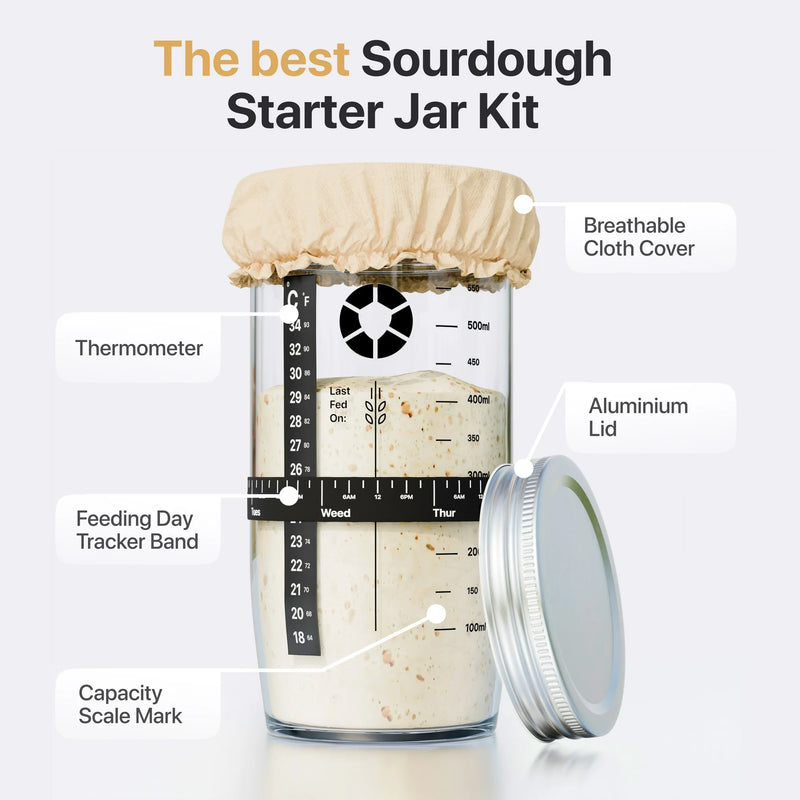 Premium Sourdough Starter Kit - 24 oz Bread Sourdough Jar with Marked Feeding Band, Thermometer, Cloth Cover & Aluminum Lid - Sourdough Bread Baking Supplies