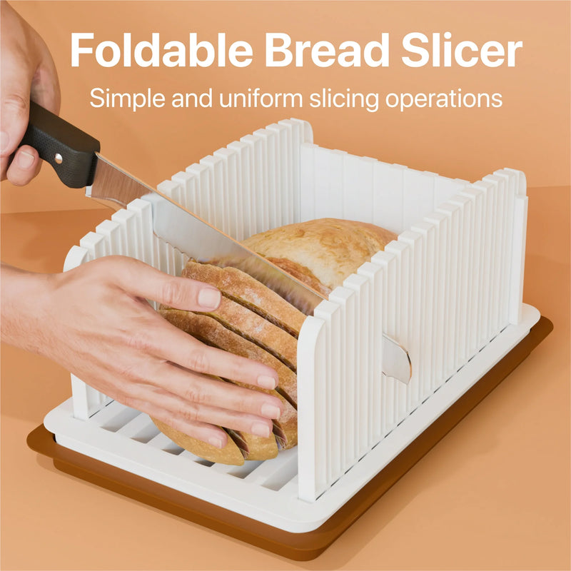 Adjustable Bread Slicer - Foldable Design for Homemade Bread with Uniform Bread Slicing Guide - Brown