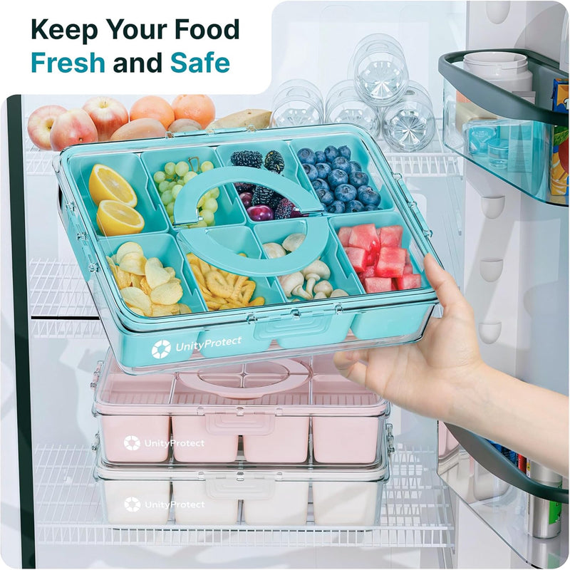 Divided Serving Tray with Lid & Snack Box Containers - Charcuterie Boxes with Clear Lids - Snackle Box Container for Fruit, Nuts, Cookies with Portable Utensils Set with Case (Turquoise)