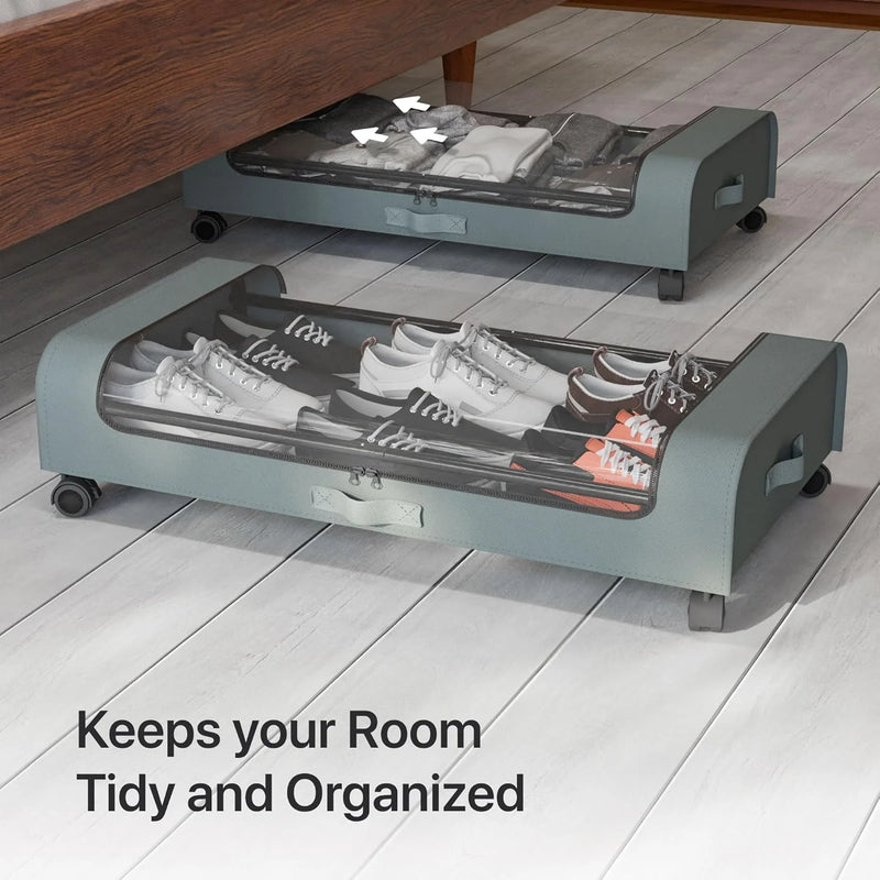 Underbed Storage with Wheels – 2 Pack Rolling Under Bed Storage for Shoes and More – Under Bed Shoe Storage Organizer – Durable, Space-Saving, and Easy-to-Use Underbed Storage Solution