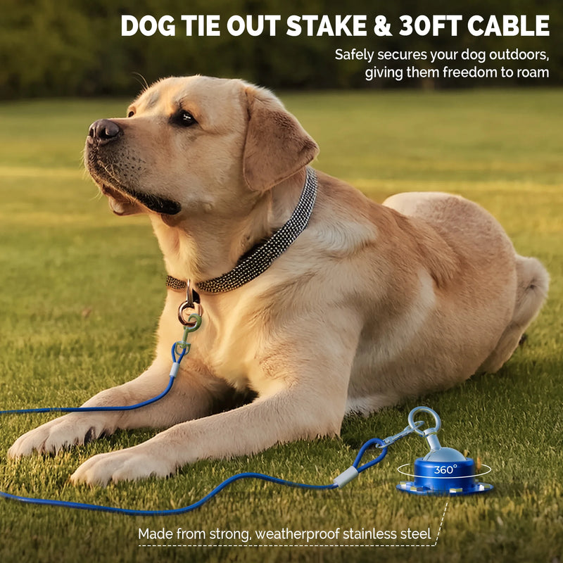Heavy Duty Dog Tie Out Cable and Stake – 30ft Tangle-Free Leash with Stainless Steel Clips – Dog Tether for Yard with 360° Rotating Ring and Secure Ground Screws – Perfect for Yard and Camping