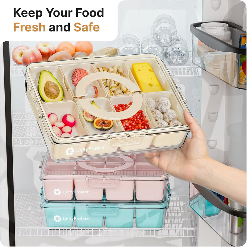 Divided Serving Tray with Lid & Snack Box Containers - Charcuterie Boxes with Clear Lids - Snackle Box Container for Fruit, Nuts, Cookies with Portable Utensils Set with Case - White