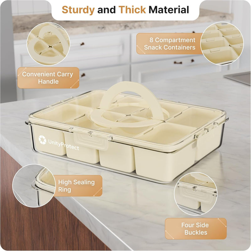 Divided Serving Tray with Lid & Snack Box Containers - Charcuterie Boxes with Clear Lids - Snackle Box Container for Fruit, Nuts, Cookies with Portable Utensils Set with Case - White